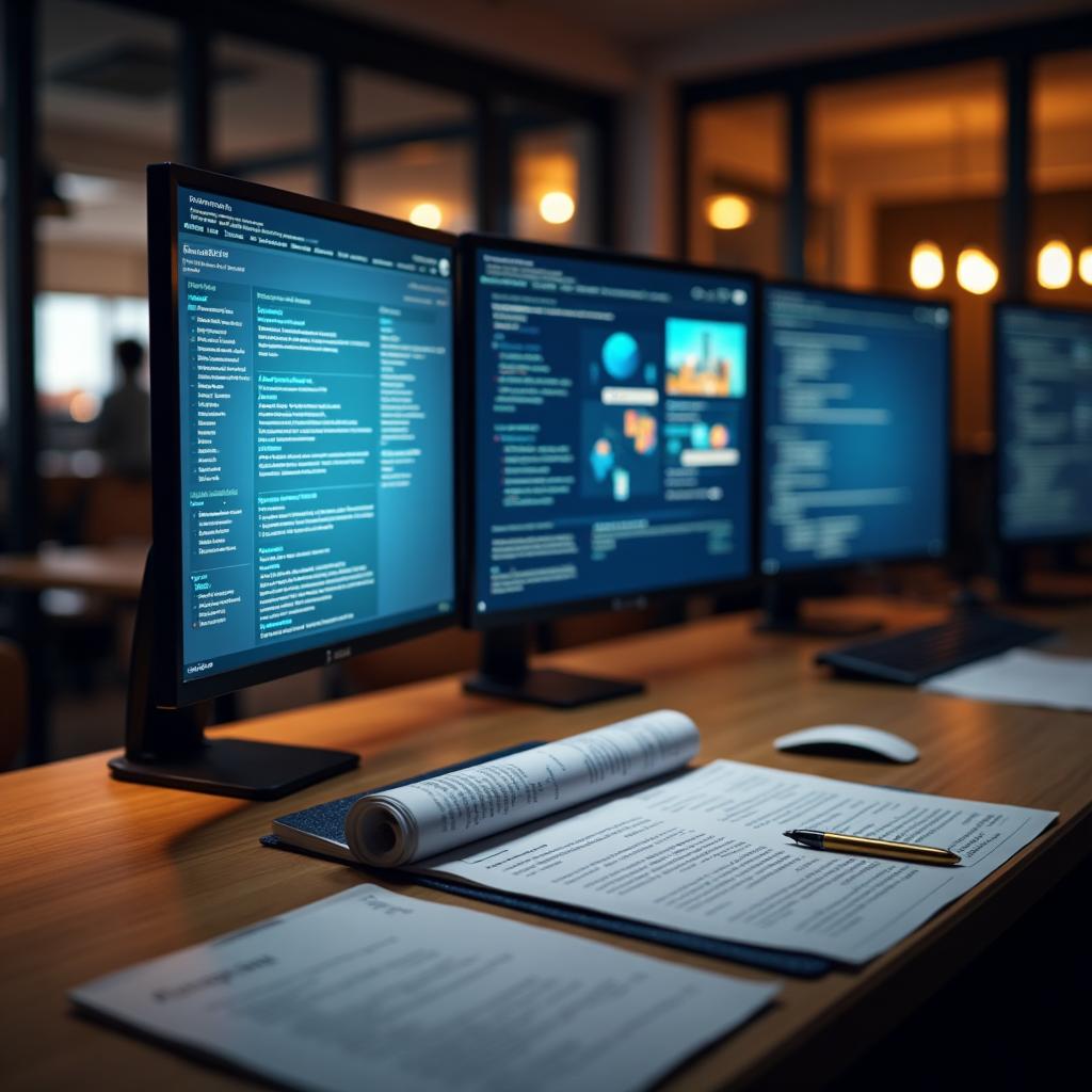 Content marketing strategy workspace for legal firms with documents and screens